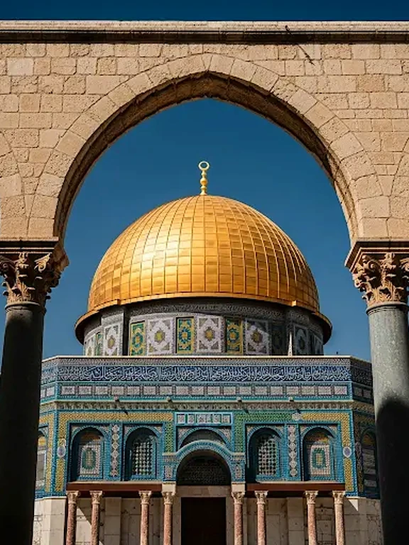 The Dome of the Rock framed by stone arches