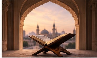 Open Qur’an beneath an arch at sunset