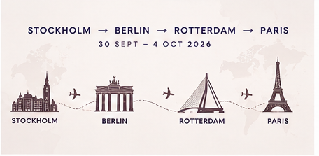 Illustrated tour route through Stockholm, Berlin, Rotterdam and Paris, 30 September to 4 October 2026